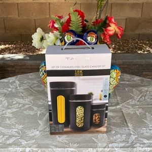 Tahari Set of Three Stainless Steel Glass Canisters